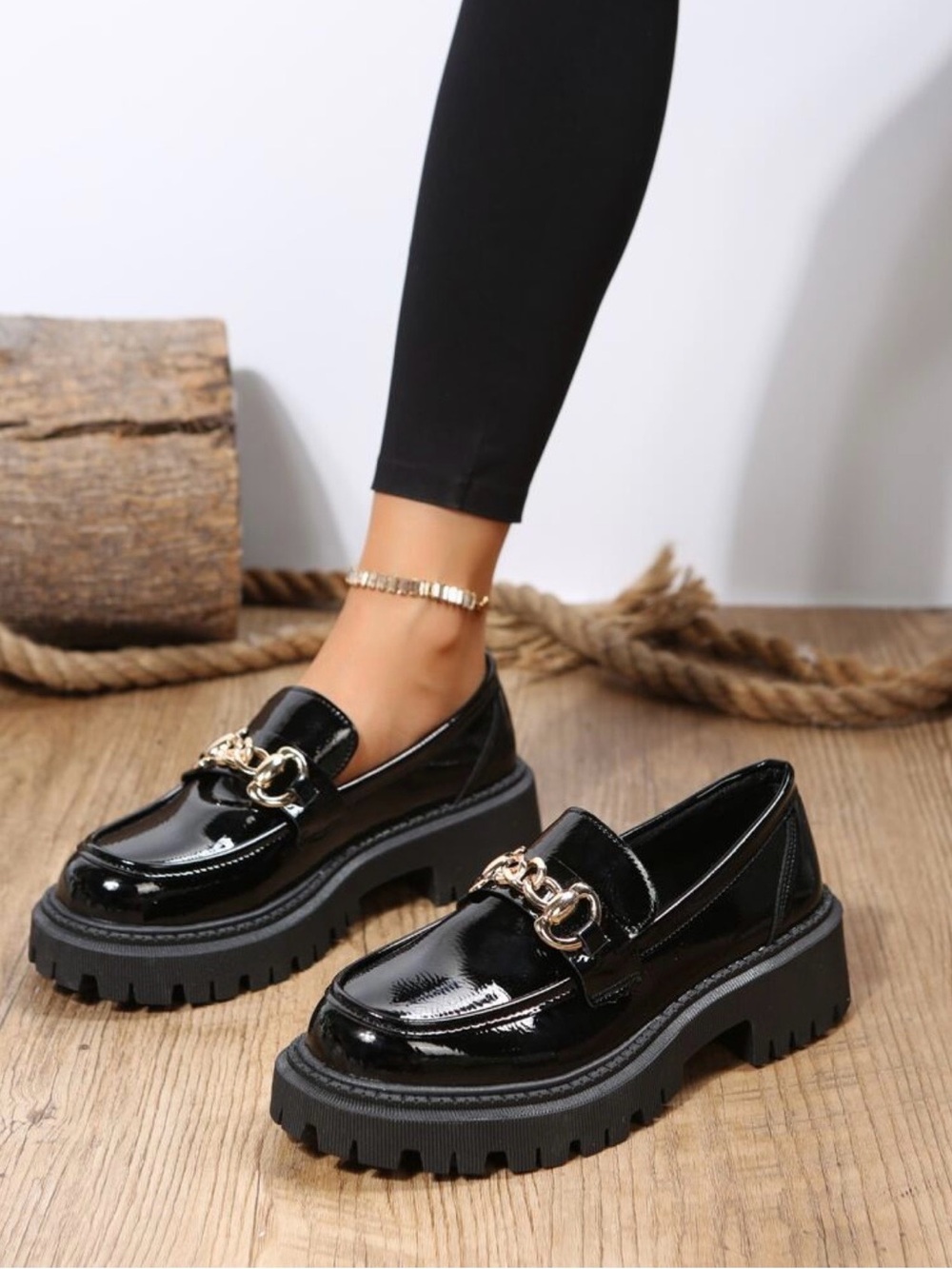Black Patent Chunky Chain Loafers - Women's Slip-On Shoes